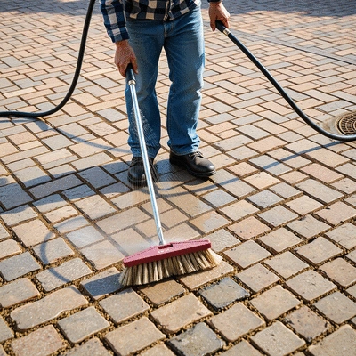User cleaning pavers with a hose and brush